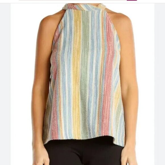 W5 Multicolor Striped Rainbow Halter Tank Button Back Textured (Size M) - Picture 2 of 12